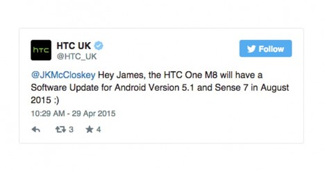 Twitter de confirmación de actualización a Android 5.1 para el HTC One M8