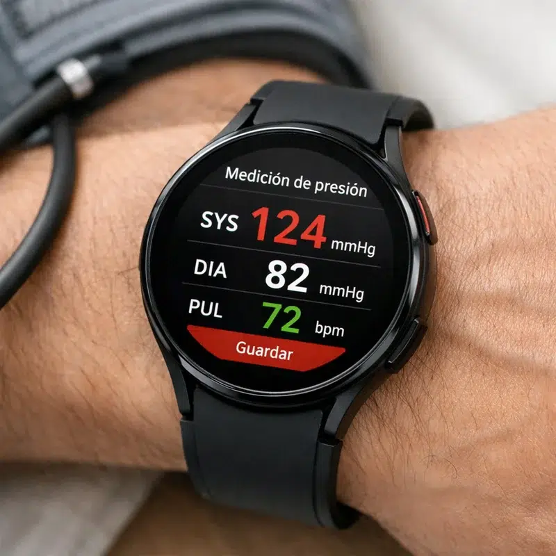 Galaxy Watch revoluciona el monitoreo de la presión arterial en EE. UU. 2 Galaxy Watch en la muñeca midiendo la presión arterial con la pantalla mostrando los resultados.
