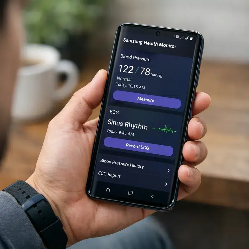 Galaxy Watch revoluciona el monitoreo de la presión arterial en EE. UU. 3 Persona utilizando un smartphone Samsung Galaxy con la aplicación Samsung Health Monitor abierta.