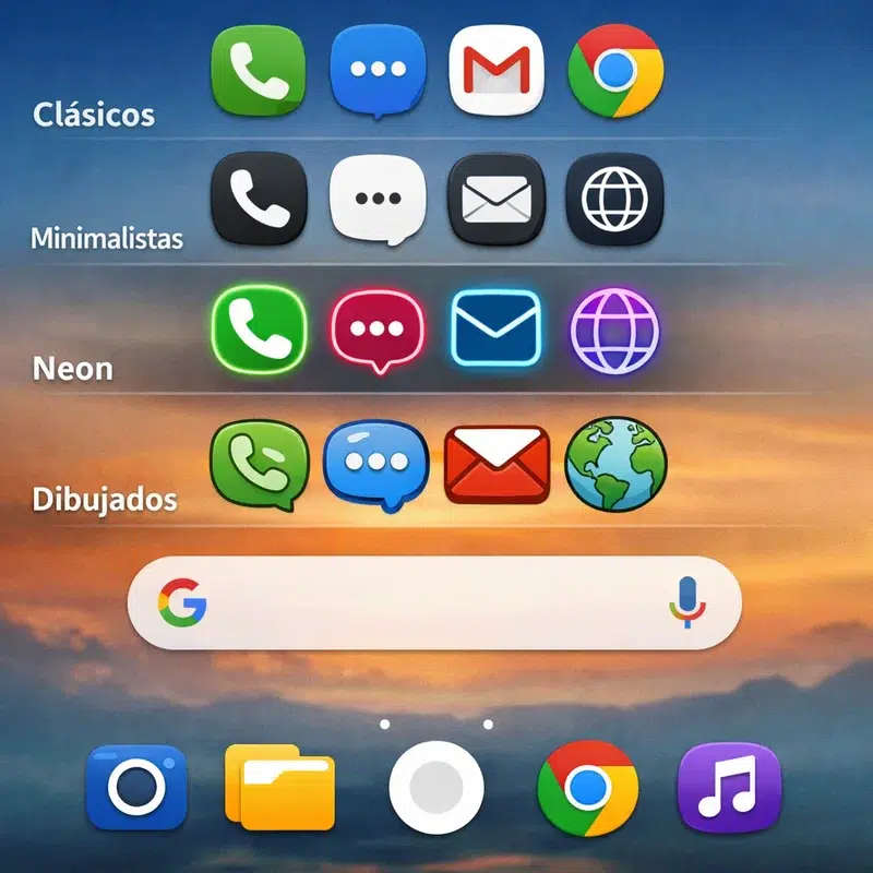 ¡Transforma tu Android! Guía Completa de Personalización de Temas y Launcher para Amateurs. 5 Muestra de paquetes de iconos diversos en una pantalla de inicio de Android