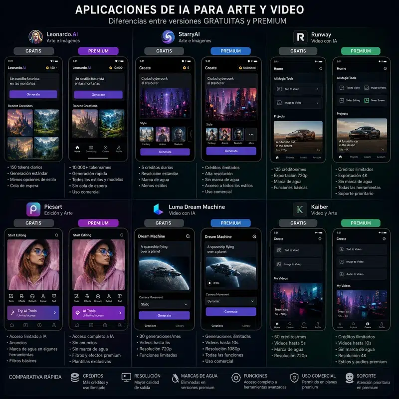 Potencia tu Creatividad Móvil: Cómo Nano Banana AI Transforma las Aplicaciones Android de Generación de Imágenes y Video 2 Capturas de pantalla de varias aplicaciones Android de IA para arte y video, destacando diferencias entre versiones gratuitas y premium