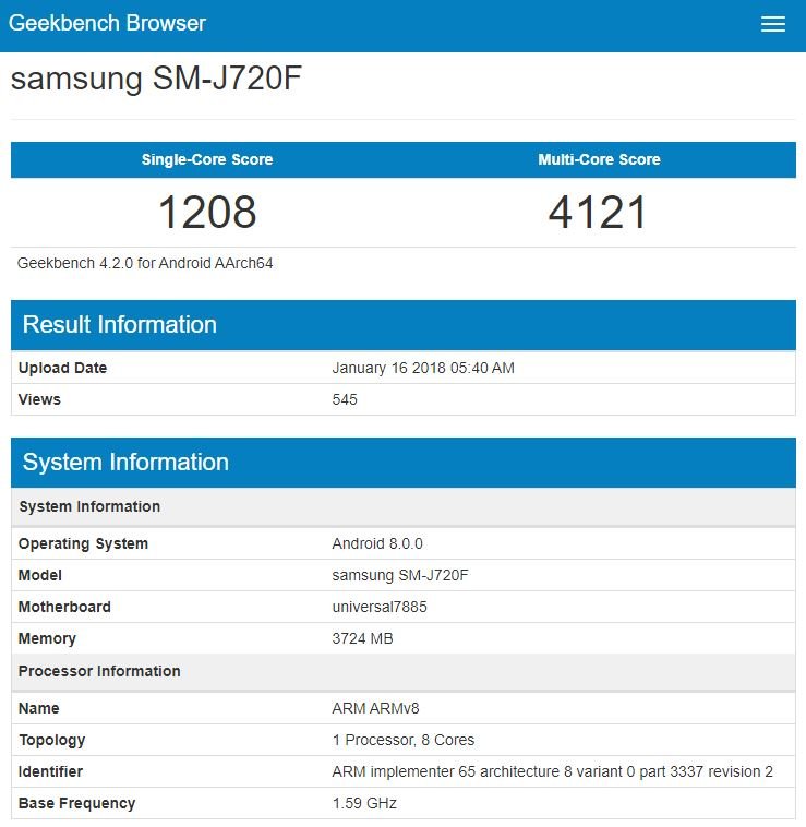 Samsung Galaxy J8 GeekBench