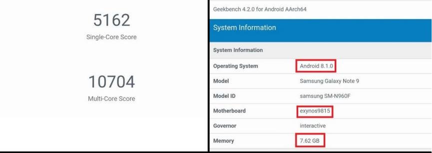 Samsung Galaxy Note 9 geekbench version europea