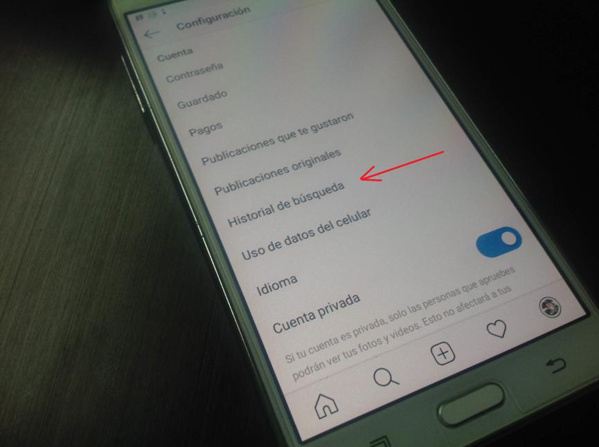 historial de busqyedas en Instagram Android