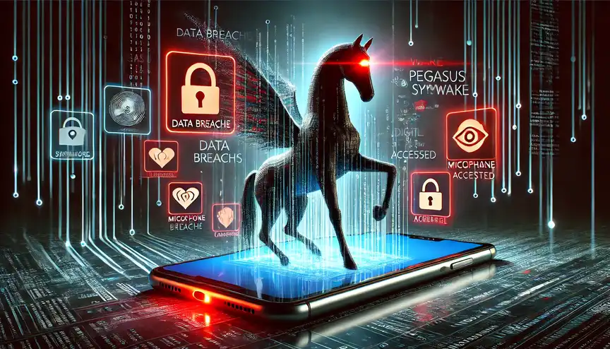 Here's a conceptual illustration representing Pegasus spyware and its effects on a smartphone. The image highlights the ominous presence of surveillance and digital breaches. Let me know if you need further modifications!