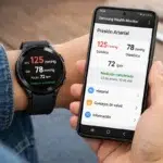 Galaxy Watch revoluciona el monitoreo de la presión arterial en EE. UU. 4 Galaxy Watch en la muñeca midiendo la presión arterial con la pantalla mostrando los resultados. Persona utilizando un smartphone Samsung Galaxy con la aplicación Samsung Health Monitor abierta.