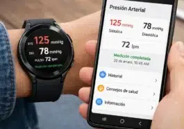 Galaxy Watch revoluciona el monitoreo de la presión arterial en EE. UU. 10 Galaxy Watch en la muñeca midiendo la presión arterial con la pantalla mostrando los resultados. Persona utilizando un smartphone Samsung Galaxy con la aplicación Samsung Health Monitor abierta.