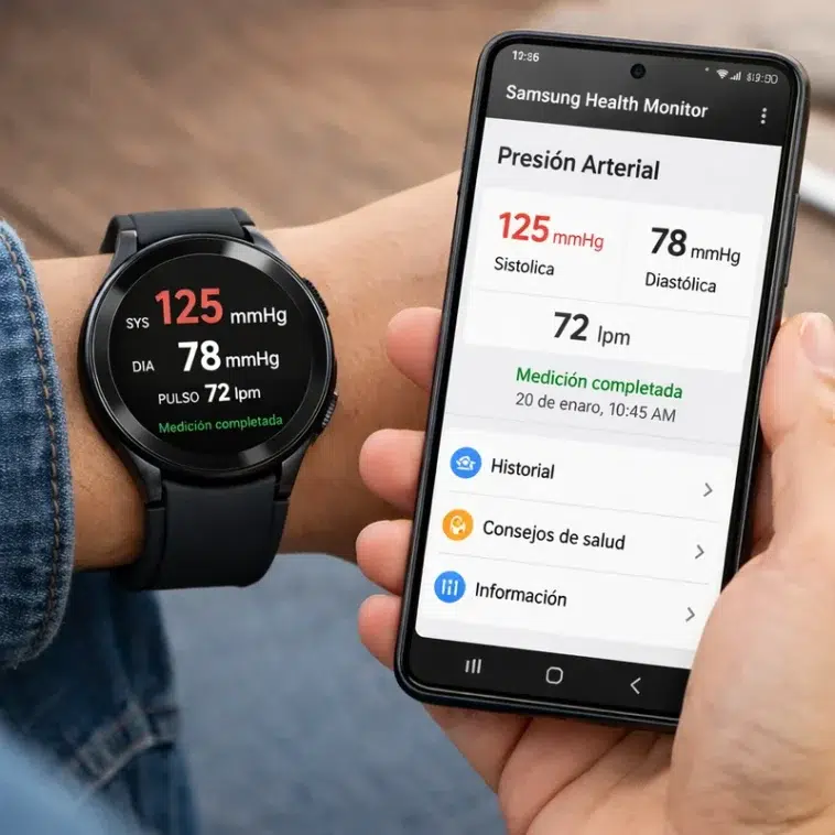 Galaxy Watch revoluciona el monitoreo de la presión arterial en EE. UU. 1 Galaxy Watch en la muñeca midiendo la presión arterial con la pantalla mostrando los resultados. Persona utilizando un smartphone Samsung Galaxy con la aplicación Samsung Health Monitor abierta.
