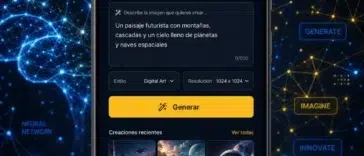 Teléfono Android mostrando interfaz de aplicación AI para generación de imágenes con gráficos neuronales de fondo, representando Nano Banana AI.