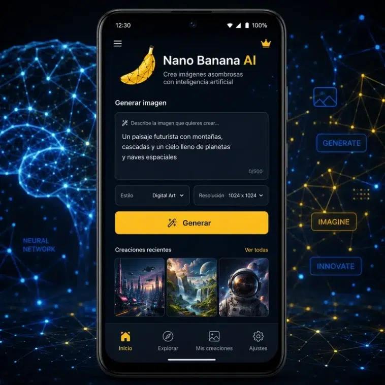 Potencia tu Creatividad Móvil: Cómo Nano Banana AI Transforma las Aplicaciones Android de Generación de Imágenes y Video 1 Teléfono Android mostrando interfaz de aplicación AI para generación de imágenes con gráficos neuronales de fondo, representando Nano Banana AI.