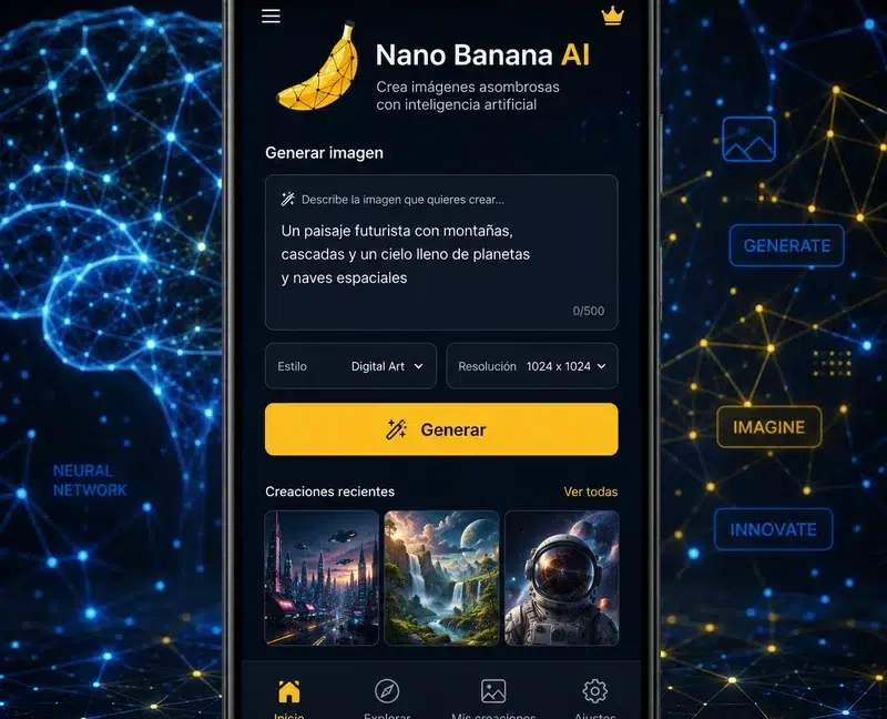 Teléfono Android mostrando interfaz de aplicación AI para generación de imágenes con gráficos neuronales de fondo, representando Nano Banana AI.