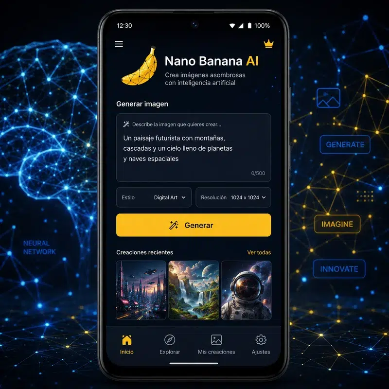 Potencia tu Creatividad Móvil: Cómo Nano Banana AI Transforma las Aplicaciones Android de Generación de Imágenes y Video 11 Teléfono Android mostrando interfaz de aplicación AI para generación de imágenes con gráficos neuronales de fondo, representando Nano Banana AI.